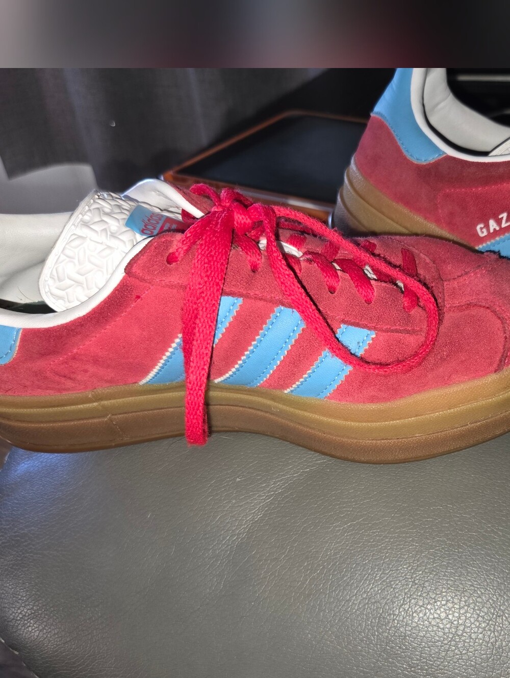 adidas Gazelle Women’s Red Suede Sneakers with Light Blue Stripes